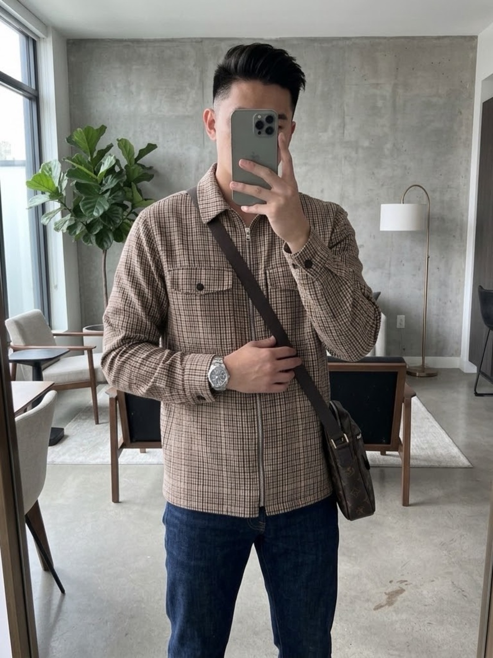 H&M Brown Plaid Lightweight Zip Shirt Jacket size M